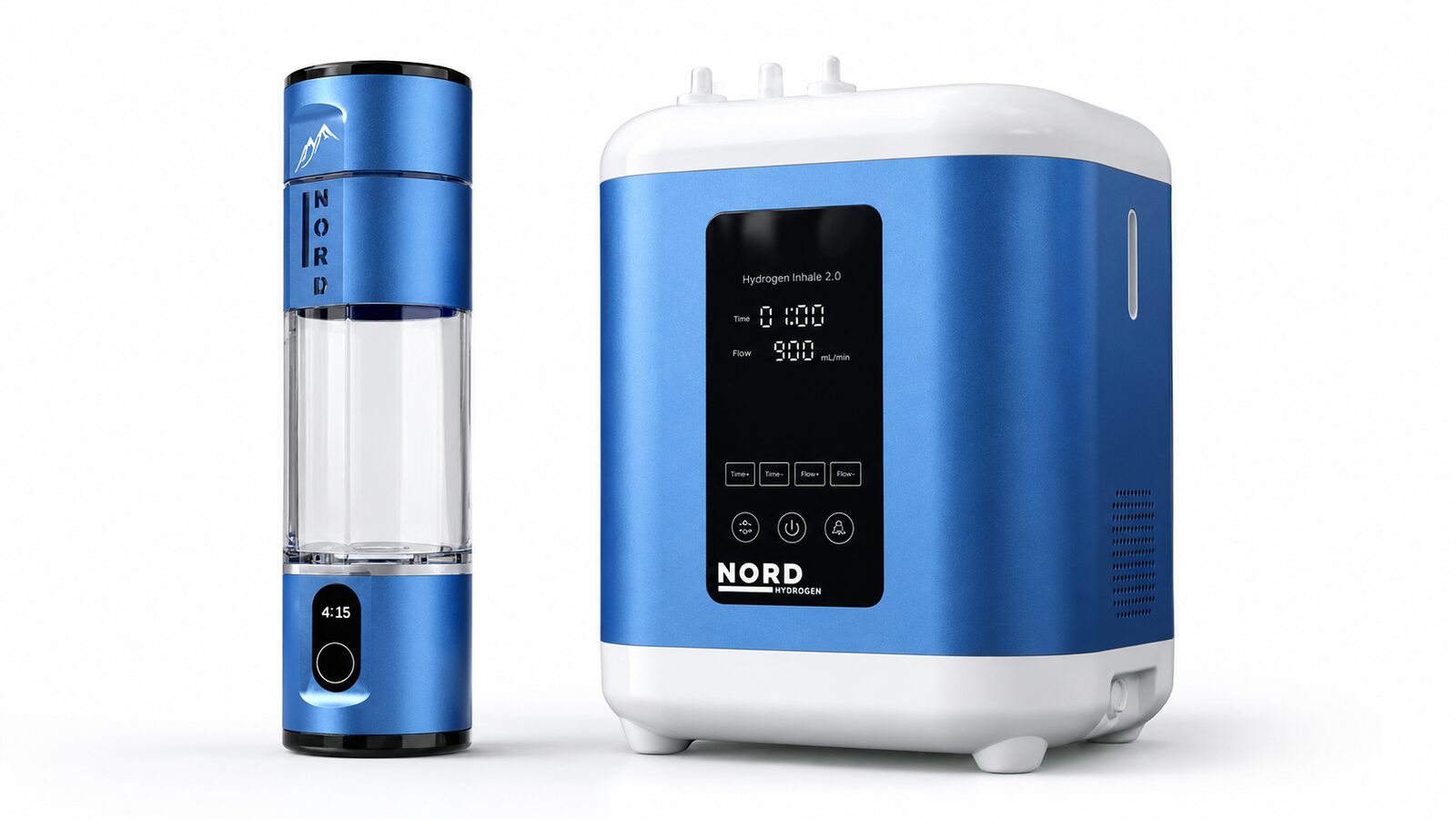 Nord Hydrogen Bottle und Nord Inhale 2.0 – Wasserstoffwasser und Wasserstoff-Inhalation Nord Hydrogen Bottle (tragbare Wasserstoff-Trinkflasche) und Nord Inhale 2.0 Wasserstoff-Inhalationsgerät nebeneinander auf weißem Hintergrund